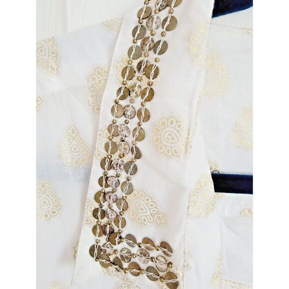Chico's 3 Cotton Embellished Button Down Blouse Size L White/Gold 3/4 Slv India - Picture 4 of 7
